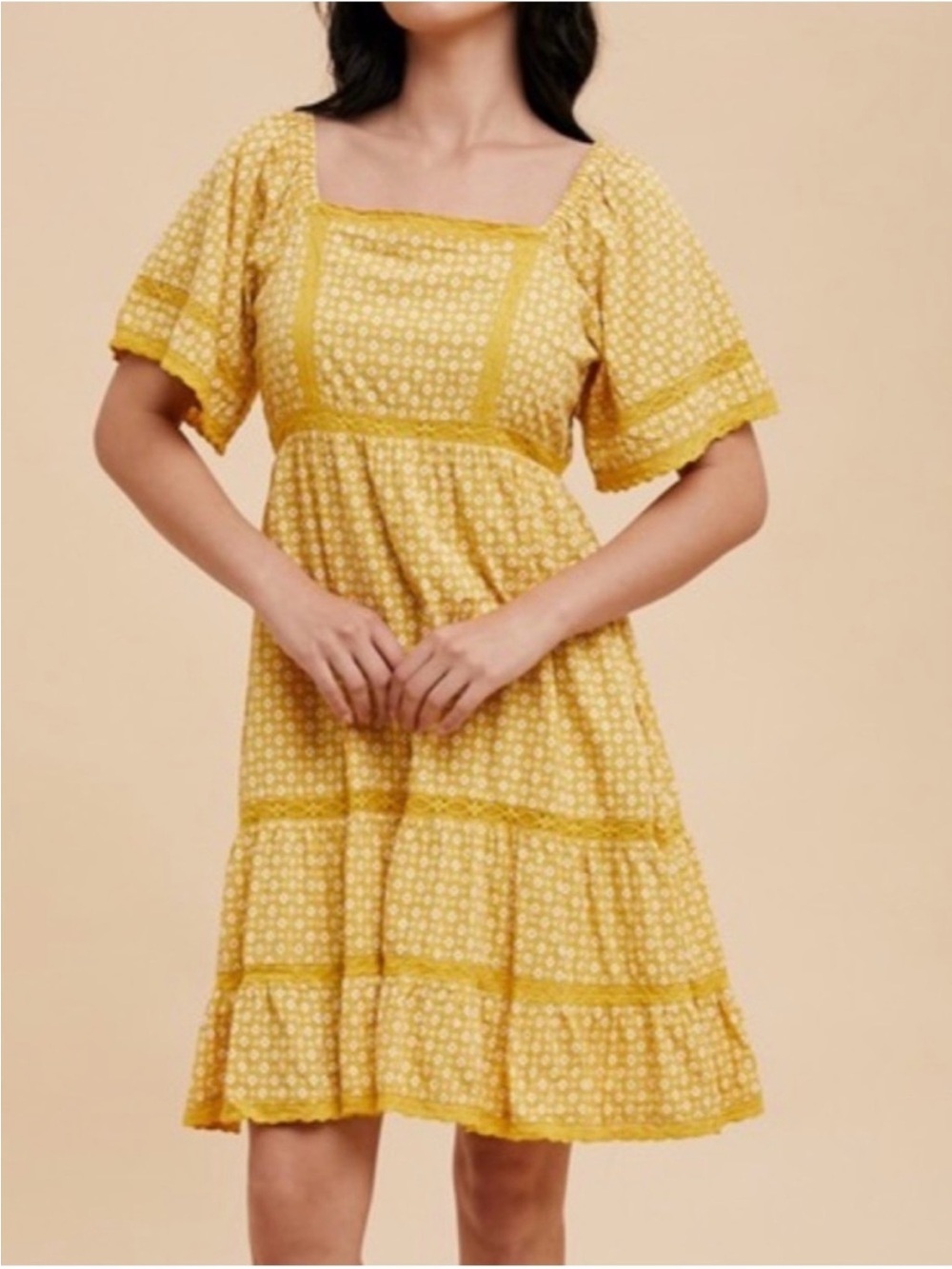 In Loom Yellow Boho Babydoll Mini Dress Small Cottagecore Size Small